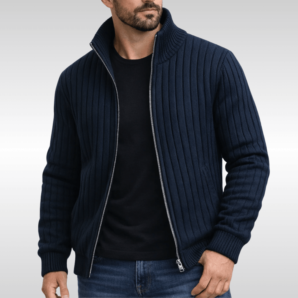 Men's Ribbed Knit Full-Zip Cardigan Sweater with Stand Collar