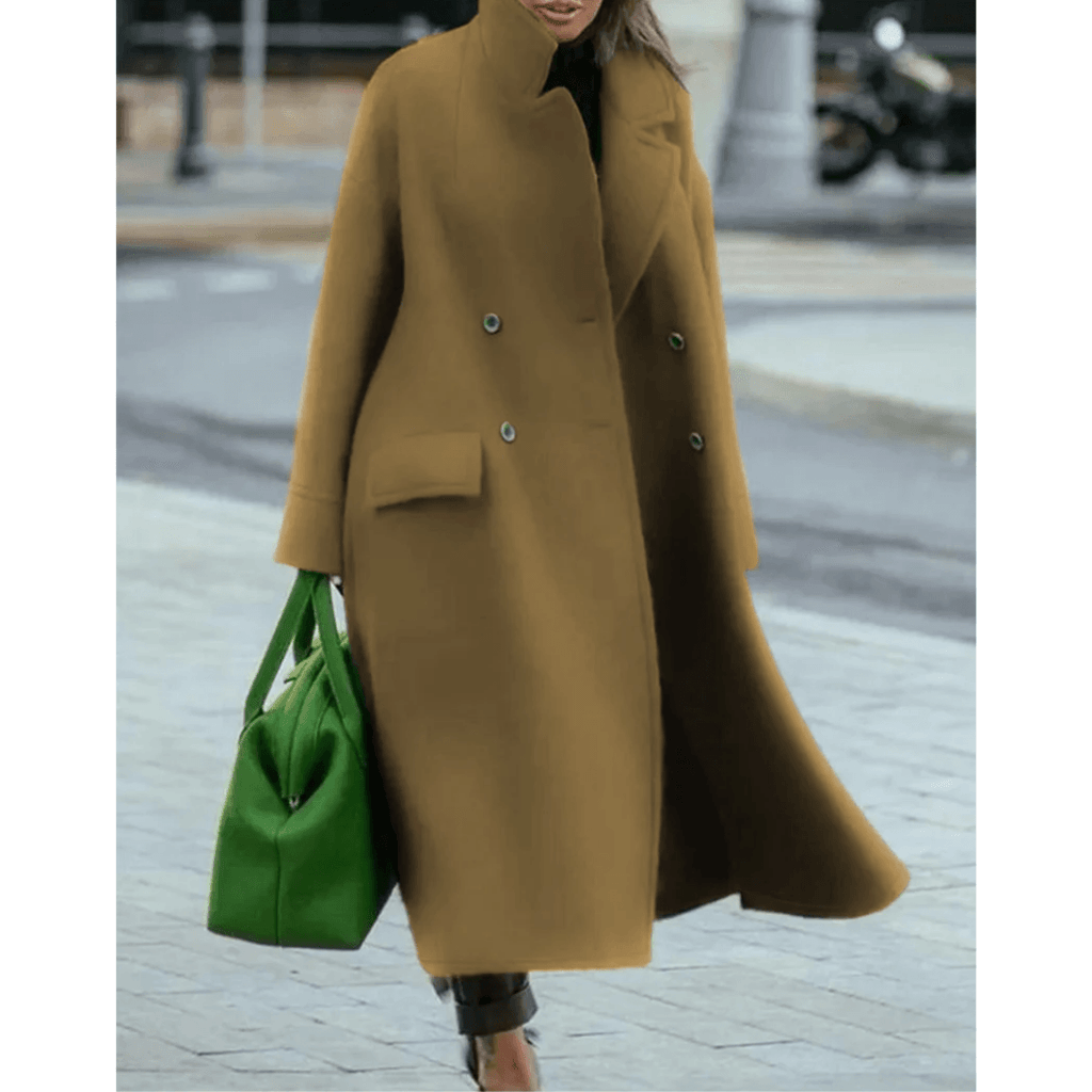 Women's Wool-Blend Double-Breasted Winter Coat with Stand Collar and Maxi Length