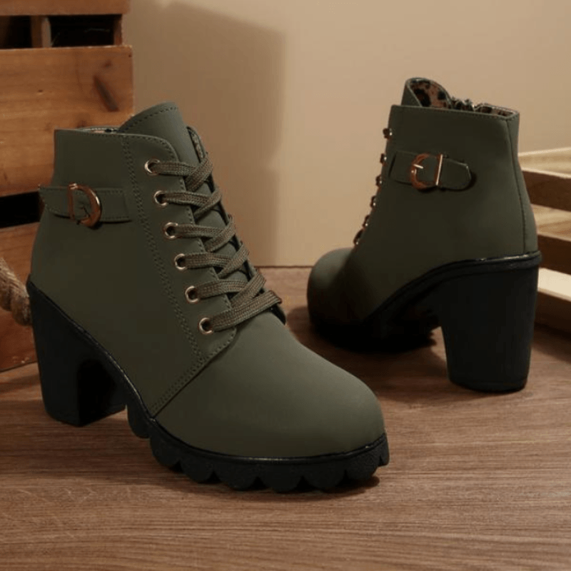 Lace-Up Ankle Black Boots with Side Zipper and Block Heel