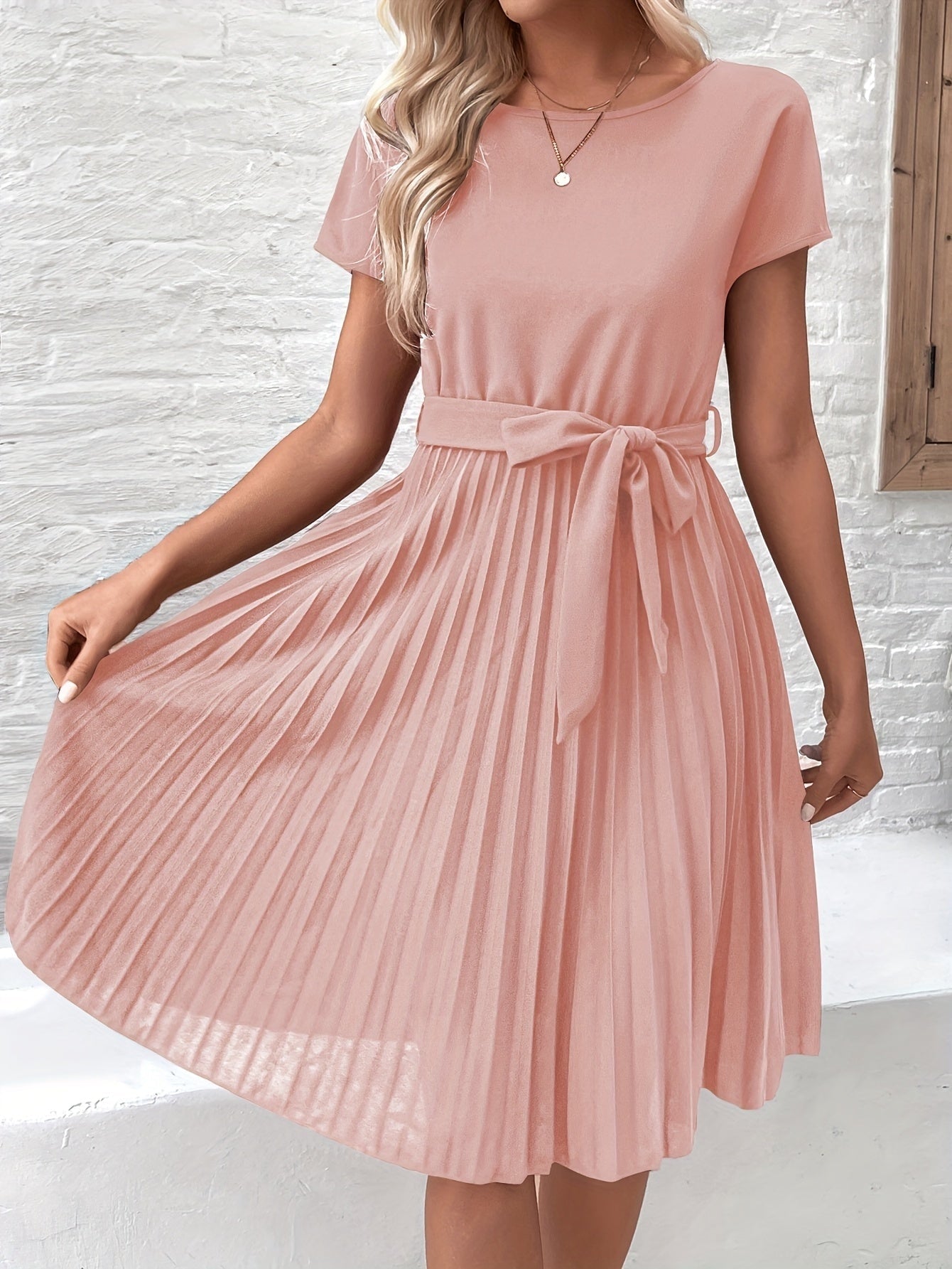 Pleated Midi Dress with Tie Waist for Fall Wedding Guest Occasions