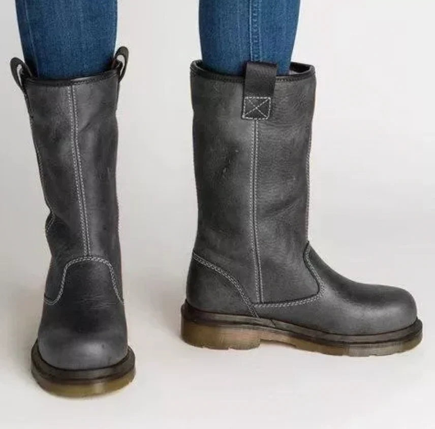 Una Pull-On Leather Winter Boots with Warm Lining for Women