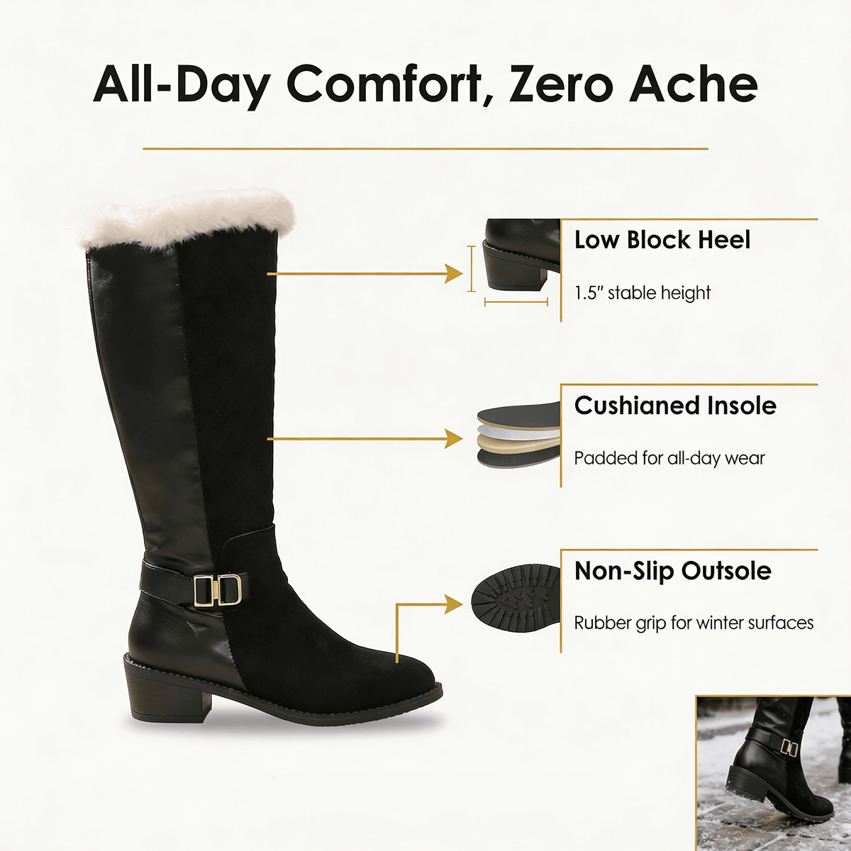 Velara Women's Black Fleece-Lined Knee-High Boots with Block Heel