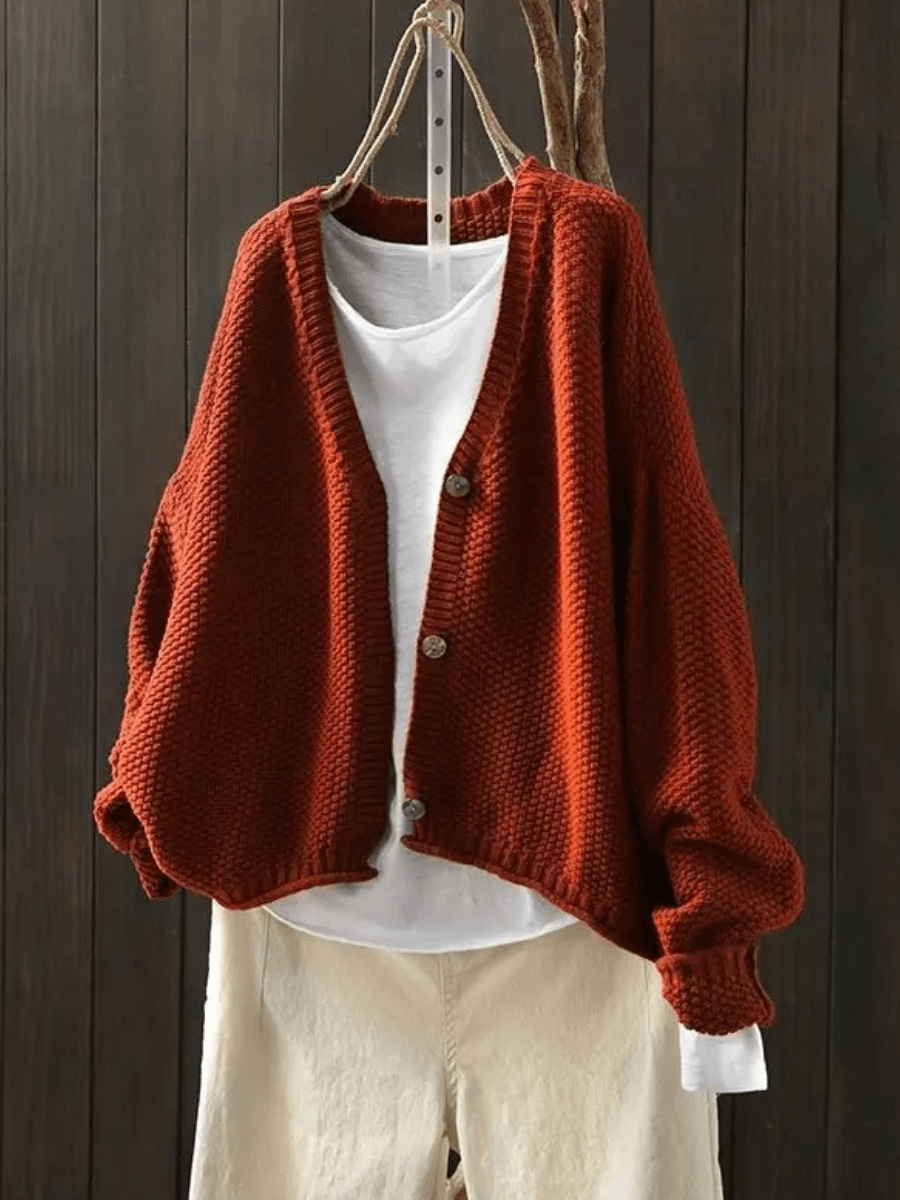 Women's Cropped V-Neck Cardigan in Chunky Textured Knit with Button Front