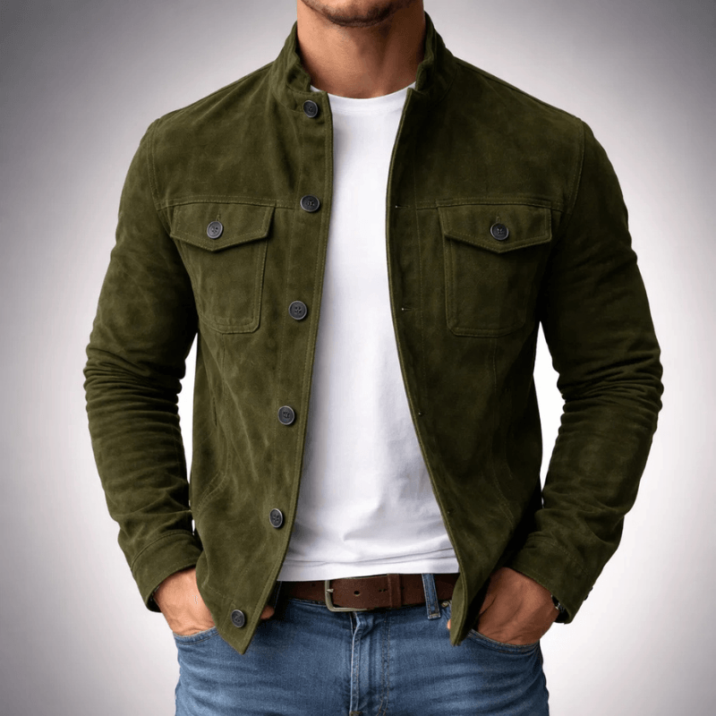 Men's Button-Front Faux Suede Bomber Jacket with Stand Collar and Chest Flap Pockets