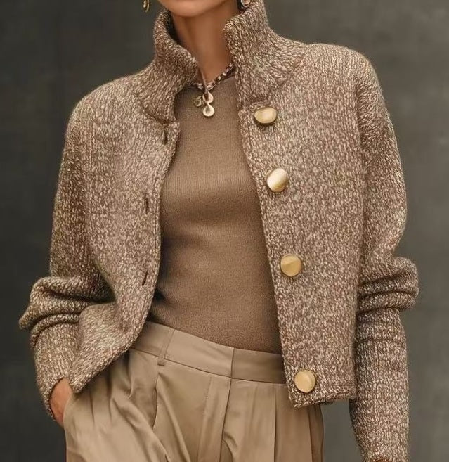 Women's Cropped Knit Sweater Jacket with Stand Collar and Button Front