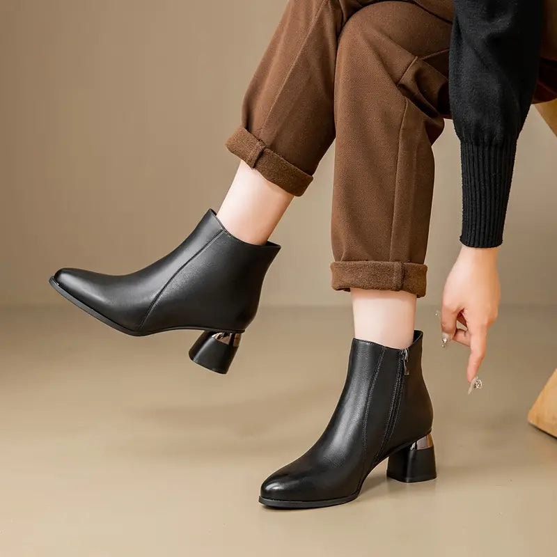 Nyla Pointed-Toe Faux Leather Women's Boots with Block Heel