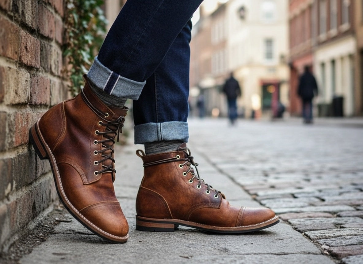 Men's Brown Lace-Up Cap Toe Ankle Boots with Stacked Heel