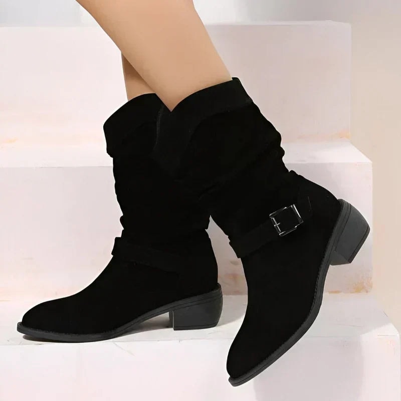 Berdine Slouchy Suede Mid-Calf Women's Boots with Buckle Strap Detail