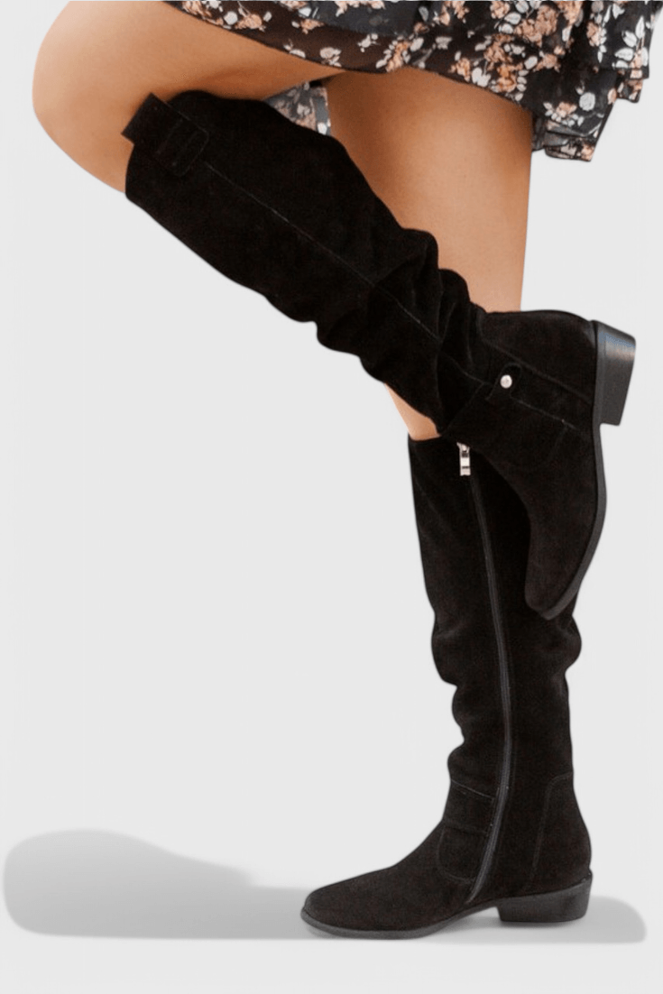 Celine Slouchy Suede Knee-High Women's Boots with Buckle Detail