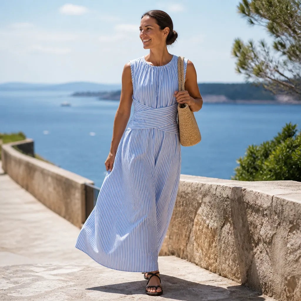 Marellé Striped Wrap-Waist Sleeveless Women's Midi Dress