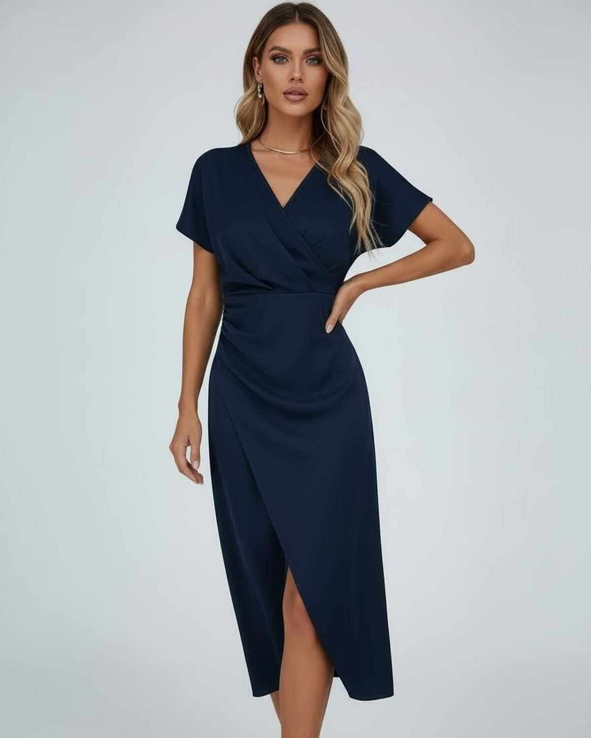 Wrap Midi Dress with Draped Waist and Split Hem for Cheap Bridesmaid Dresses