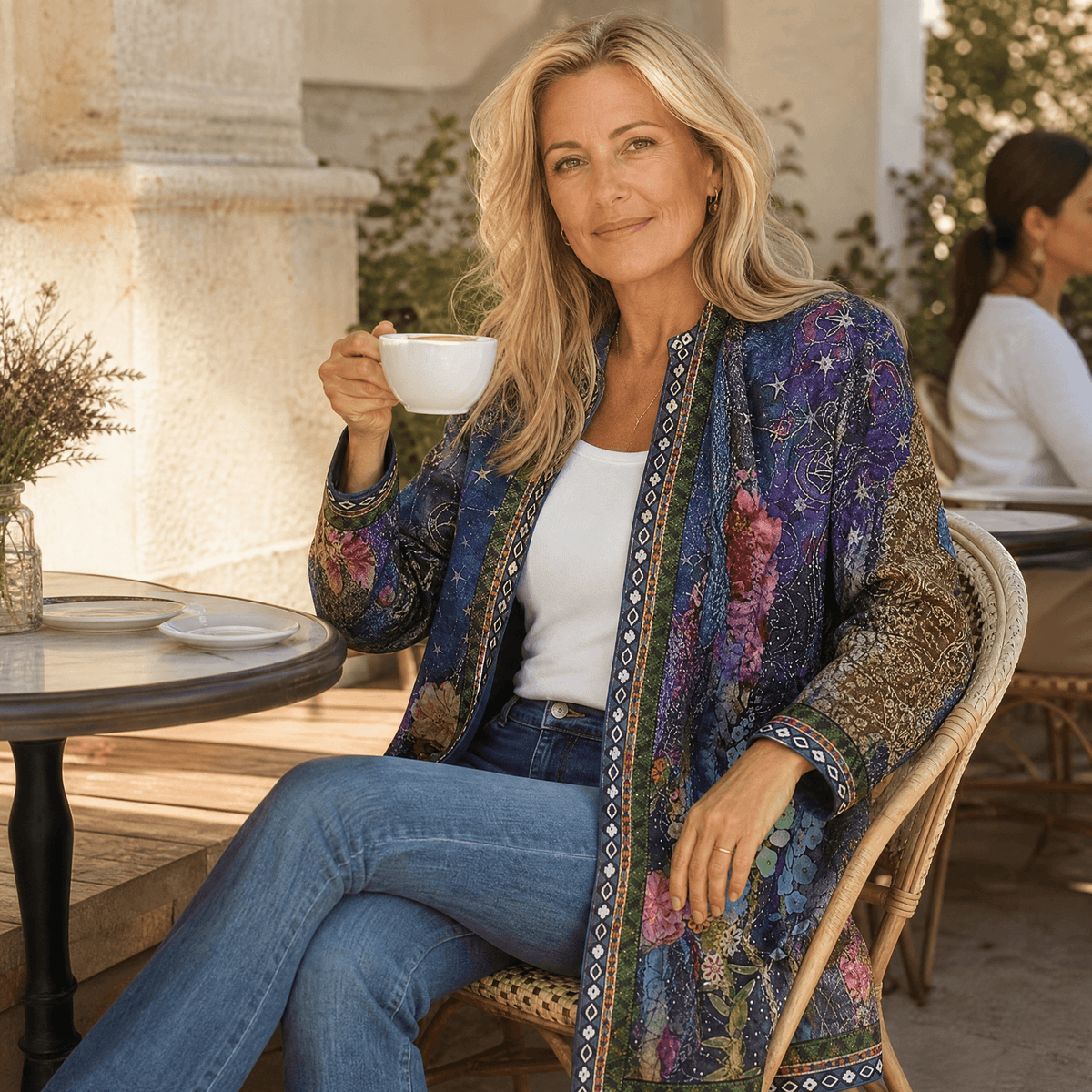 Patterned Open-Front Jacket with Embellished Trim for Women