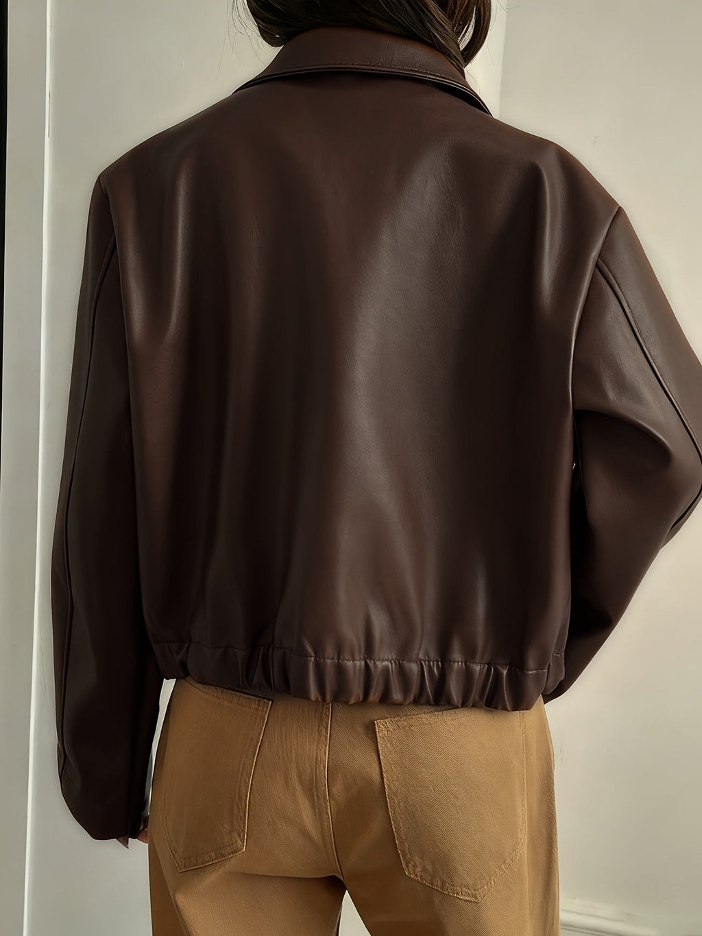 Cropped Faux Leather Jacket with Collar and Zip Front for Women