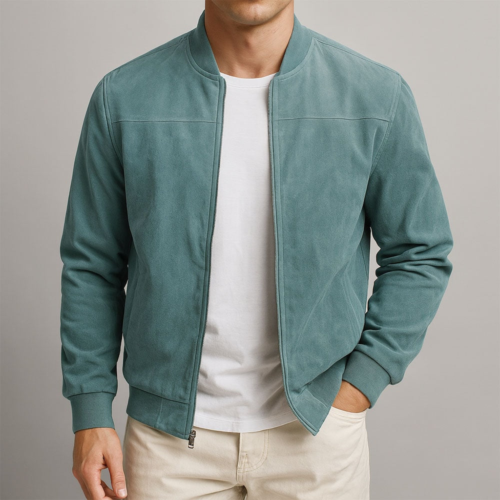 Men's Faux Suede Bomber Jacket with Textured Finish