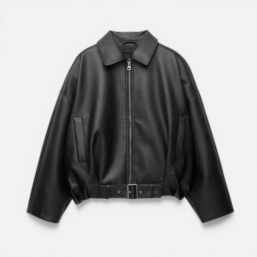 Belted Oversized Bomber Jacket with Collar and Long Sleeves