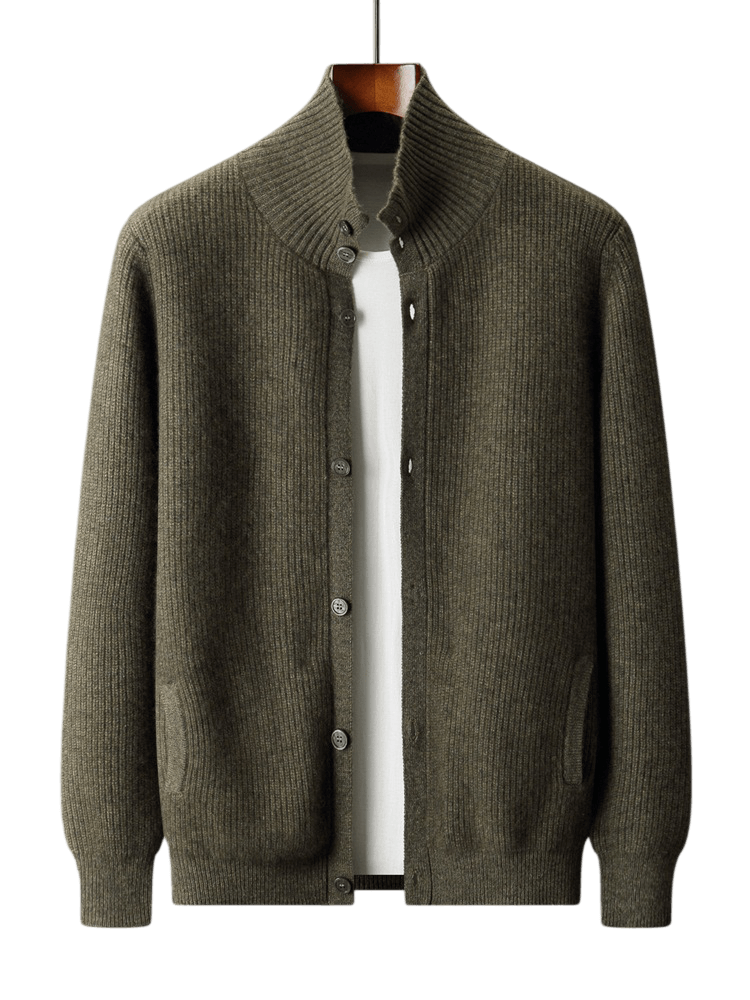 Men's Ribbed Stand-Collar Cardigan in Dense Knit with Button Front and Side Pockets