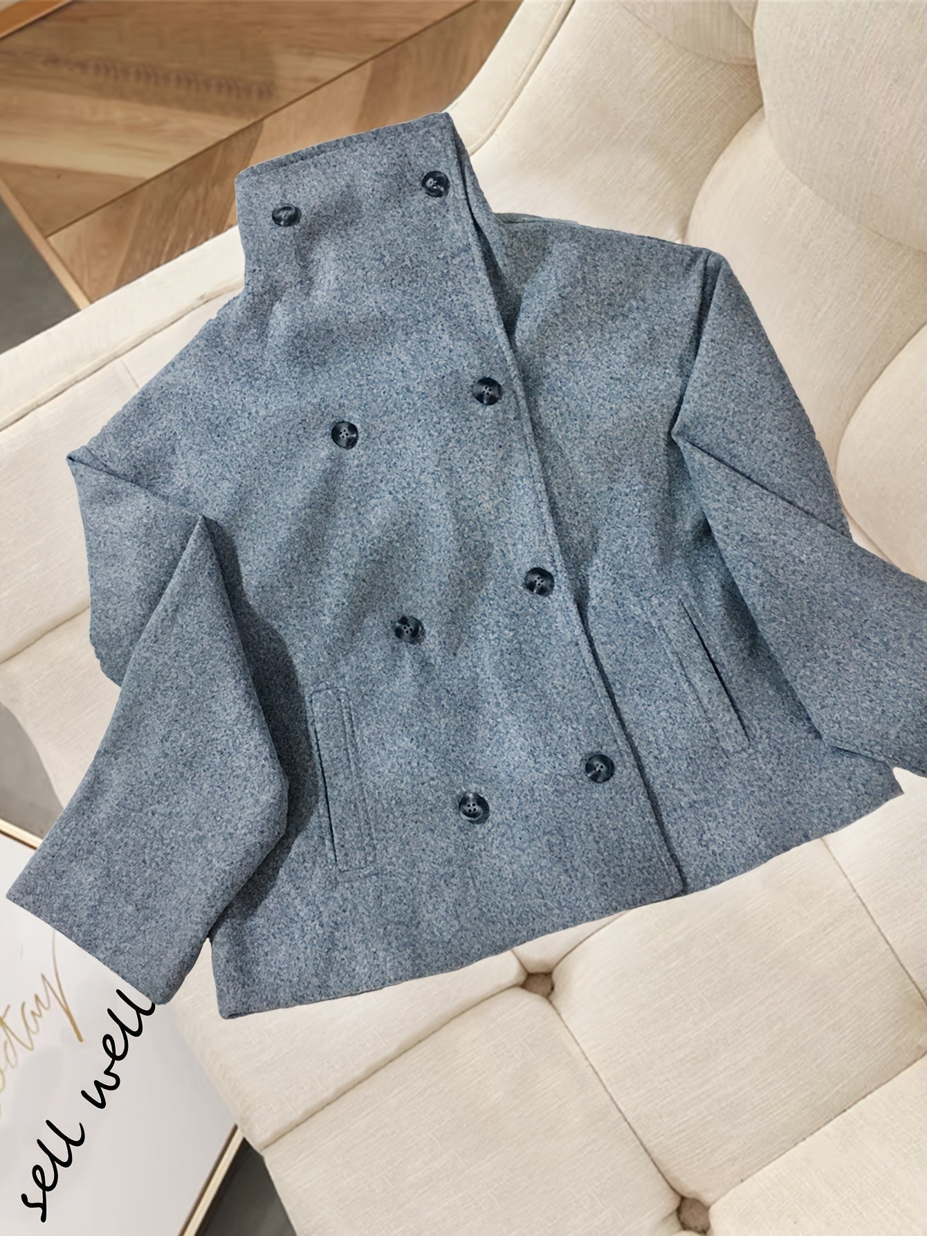 Cropped Wool Pea Coat with Notch Lapel and Double Breasted Button Front