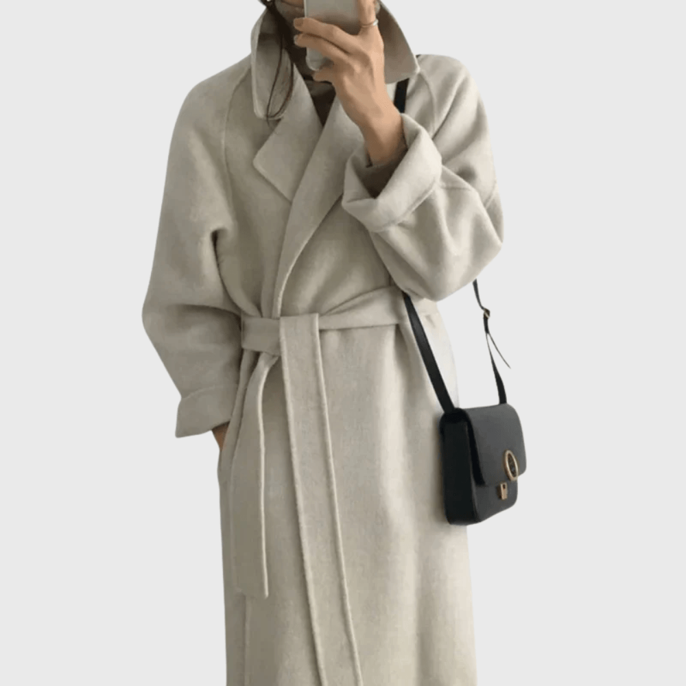 Notched Lapel Wrap Winter Coat with Belted Tie Waist in Wool Blend