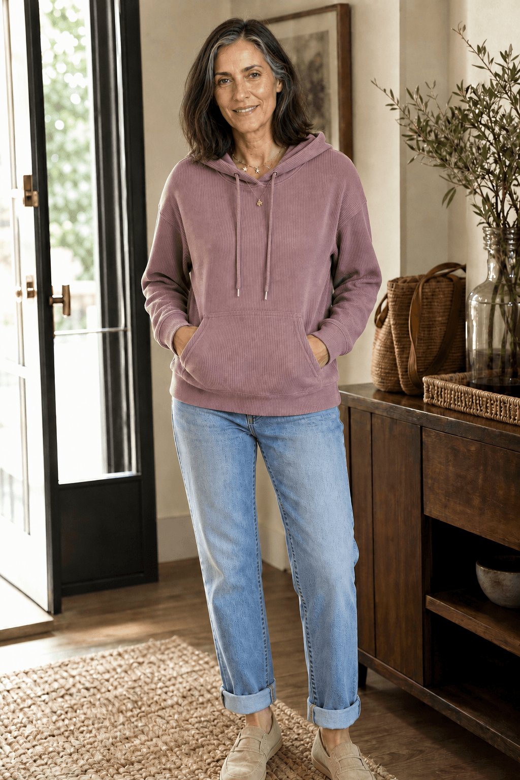 Women's Ribbed Corduroy-Look Pullover Hoodie with Front Pocket