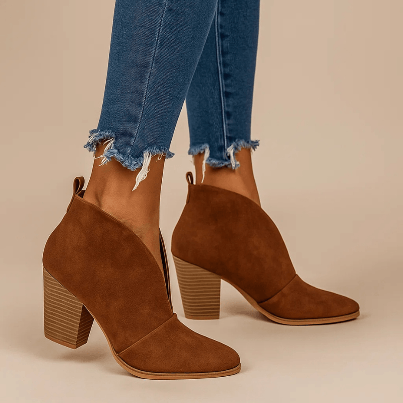 Women's Slip-On V-Cut Ankle Boots with Block Heel and Pointed Toe
