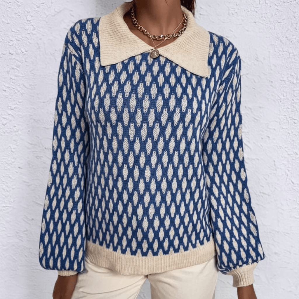 Women's Geometric Knit Sweater with Contrast Collar and Long Lantern Sleeves