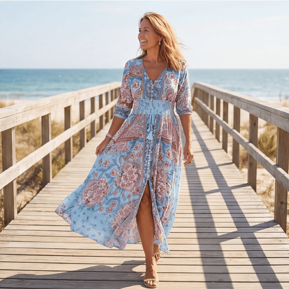 Floressa Paisley Floral V-Neck Maxi Dress with Drawstring Waist
