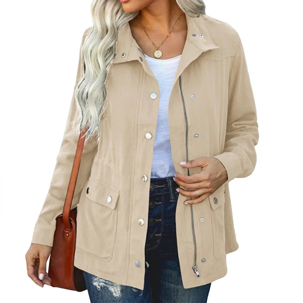 Women's Lightweight Zip-Up Utility Jacket with Stand Collar and Flap Pockets
