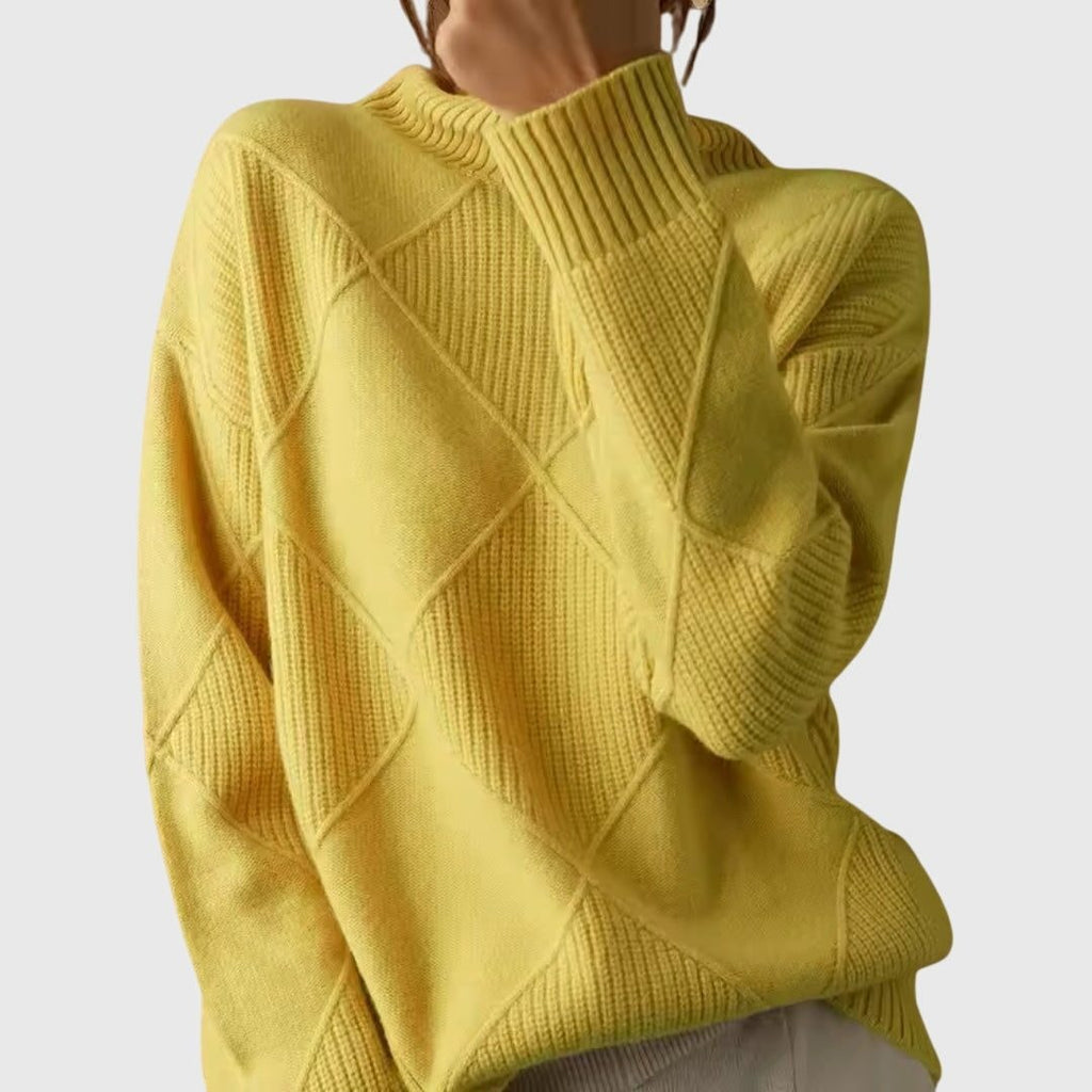 Women's Ribbed Knit Turtleneck Sweater with Diamond Pattern and Relaxed Fit