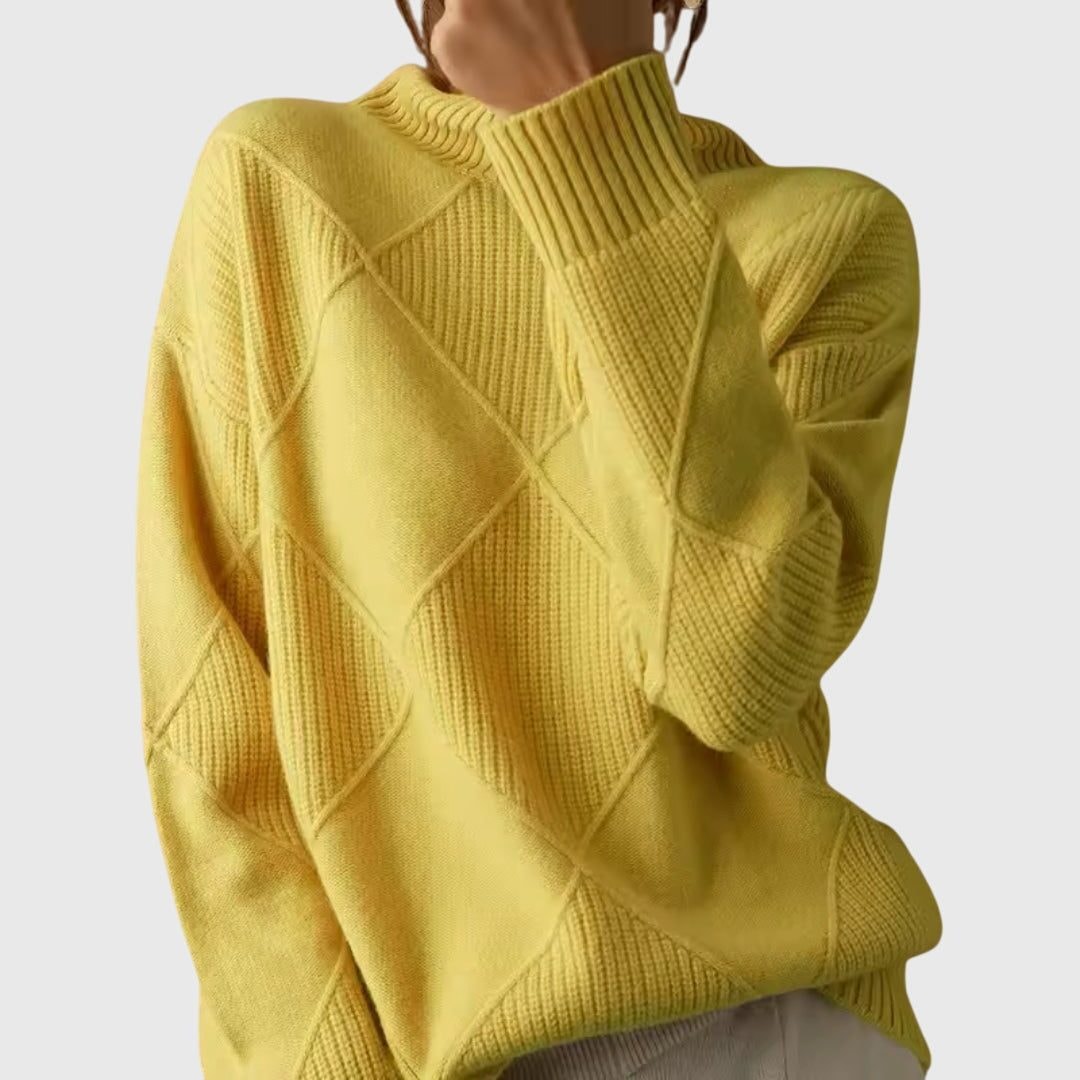 Women's Ribbed Knit Turtleneck Sweater with Diamond Pattern and Relaxed Fit