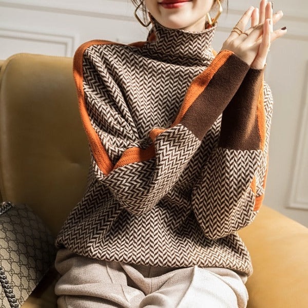 Herringbone Turtleneck Oversized Sweater with Striped Sleeve Panels