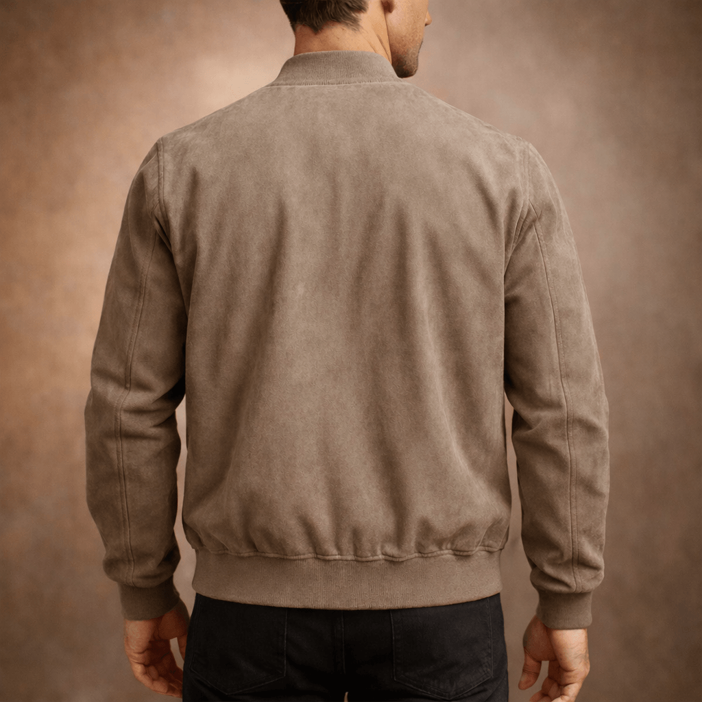 Suede Bomber Jacket for Men with Ribbed Collar and Cuffs
