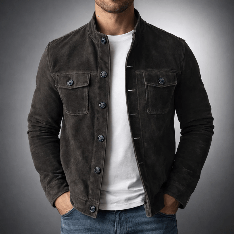 Men's Button-Front Faux Suede Bomber Jacket with Stand Collar and Chest Flap Pockets