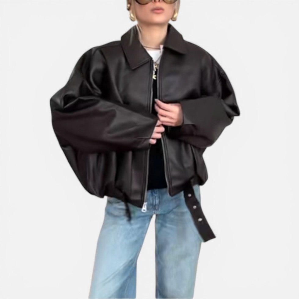 Belted Oversized Bomber Jacket with Collar and Long Sleeves