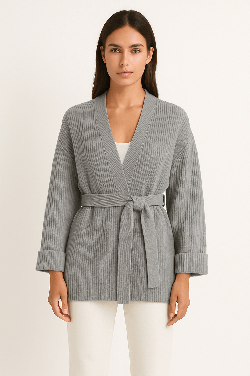 Women's Belted Knit Wrap Cardigan with Cuffed Sleeves and V-Neck