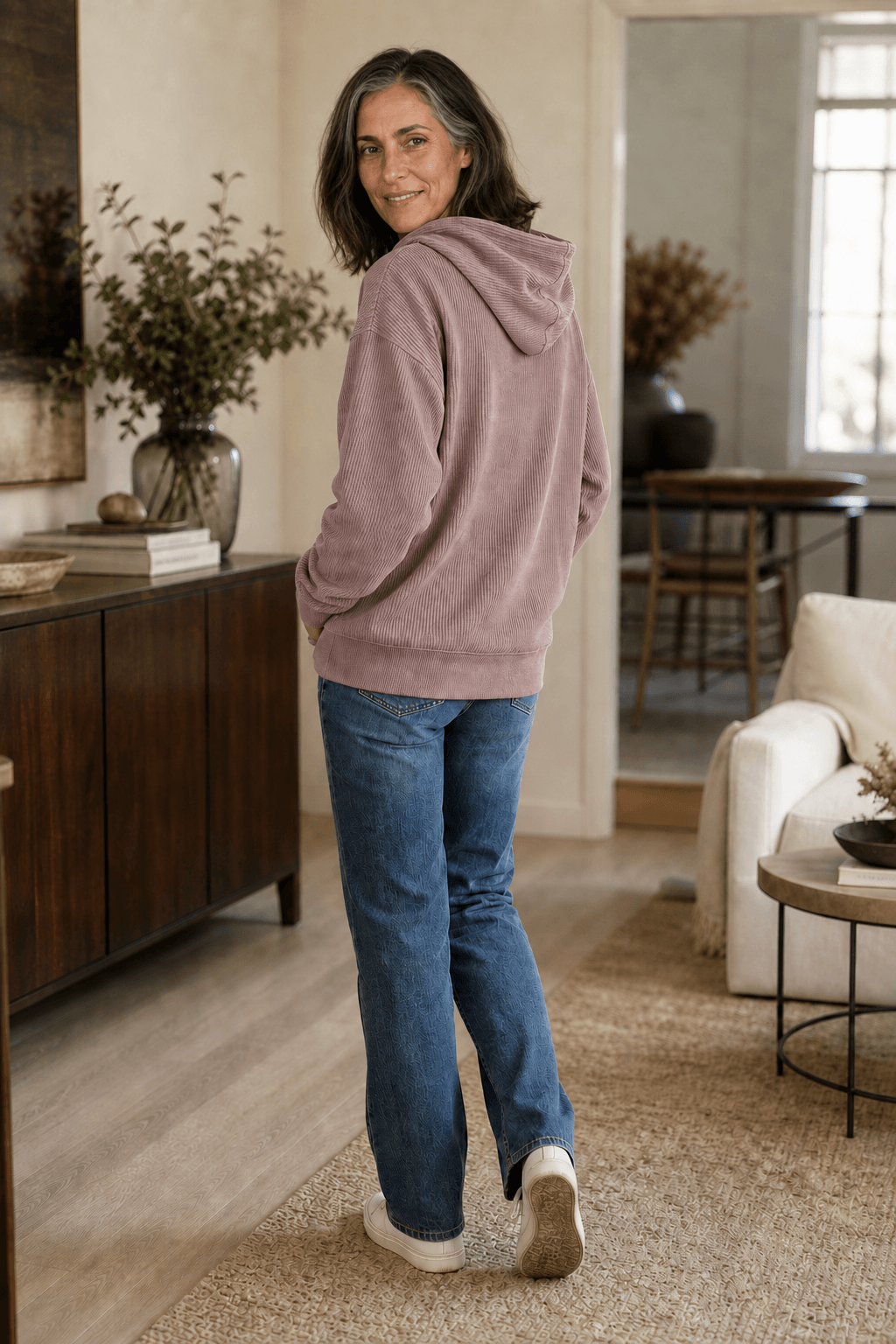 Women's Ribbed Corduroy-Look Pullover Hoodie with Front Pocket