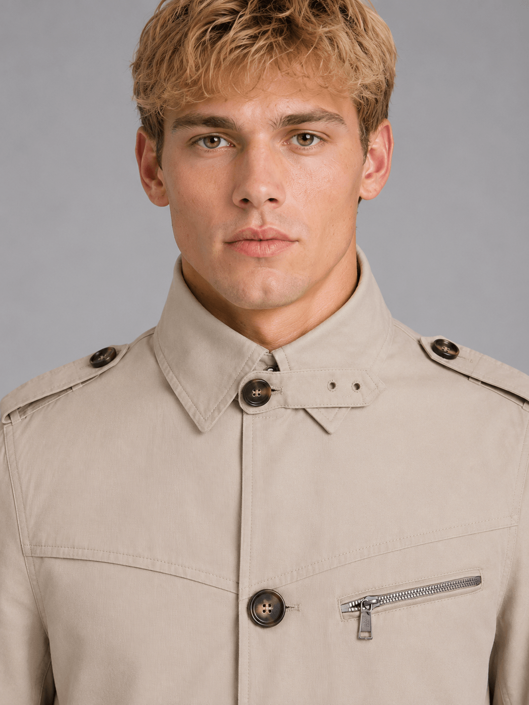 Men's Short Double-Breasted Belted Trench Coat with Epaulettes and Zip Chest Pocket