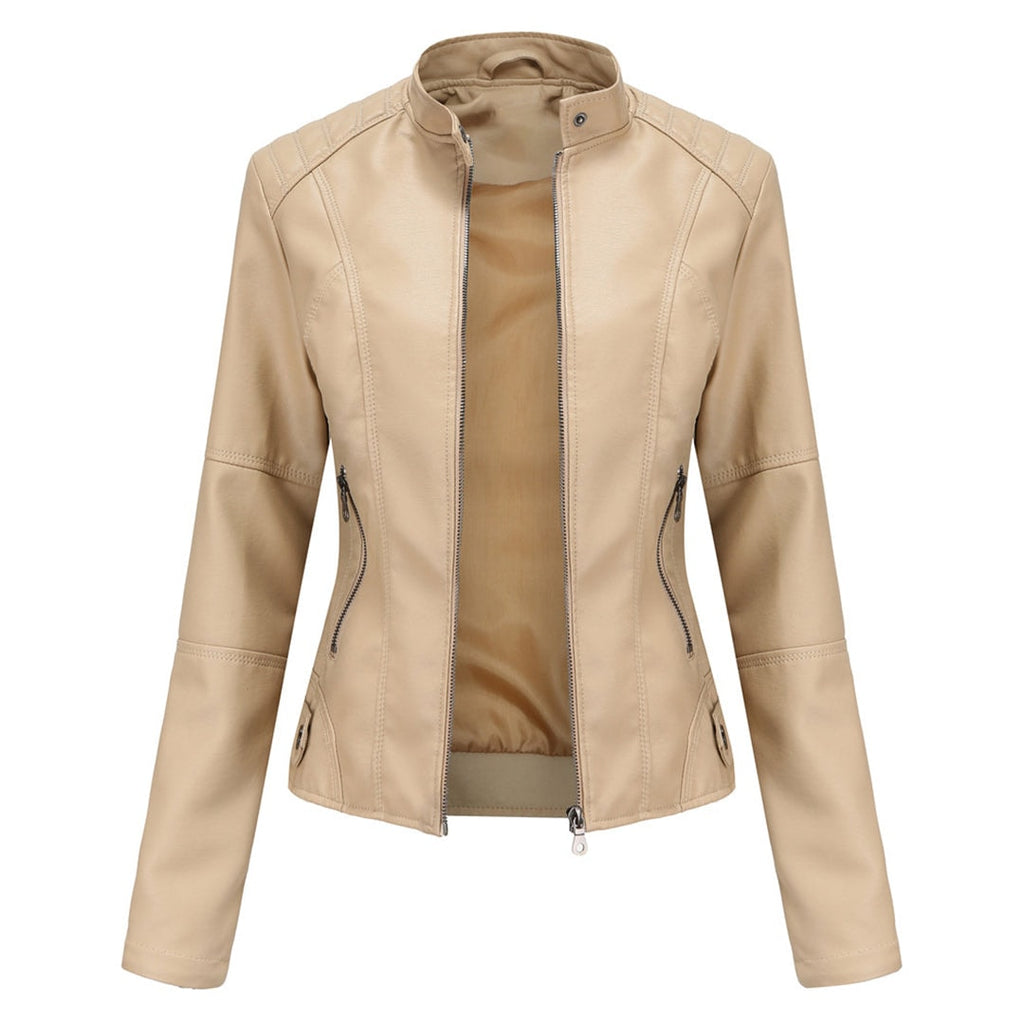 Fitted Faux Leather Moto Jacket with Zip Pockets for Women's Fall Layering