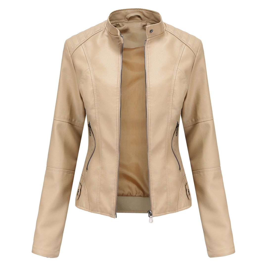 Fitted Faux Leather Moto Jacket with Zip Pockets for Women's Fall Layering