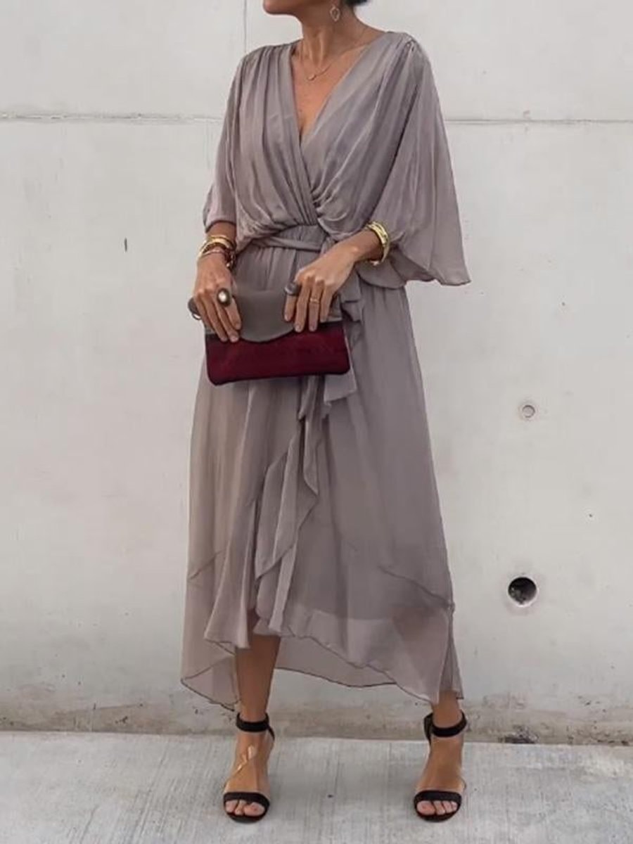Women's Belted Chiffon Wrap Dress with V-Neck and Flowy Midi Length