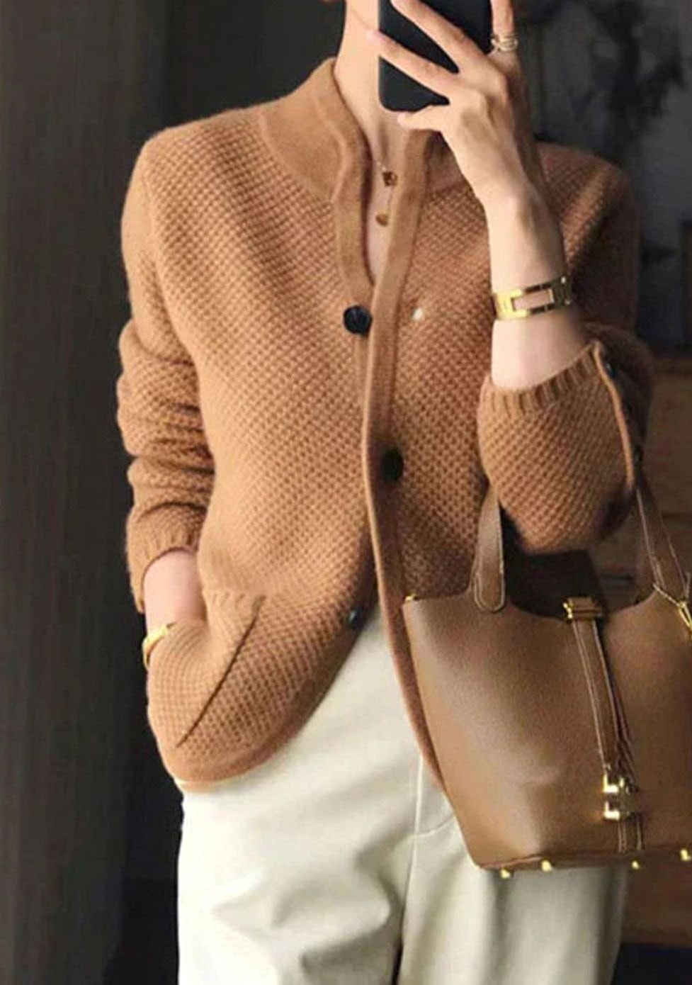 Women's Stand-Collar Cardigan in Textured Knit with Button Cuffs