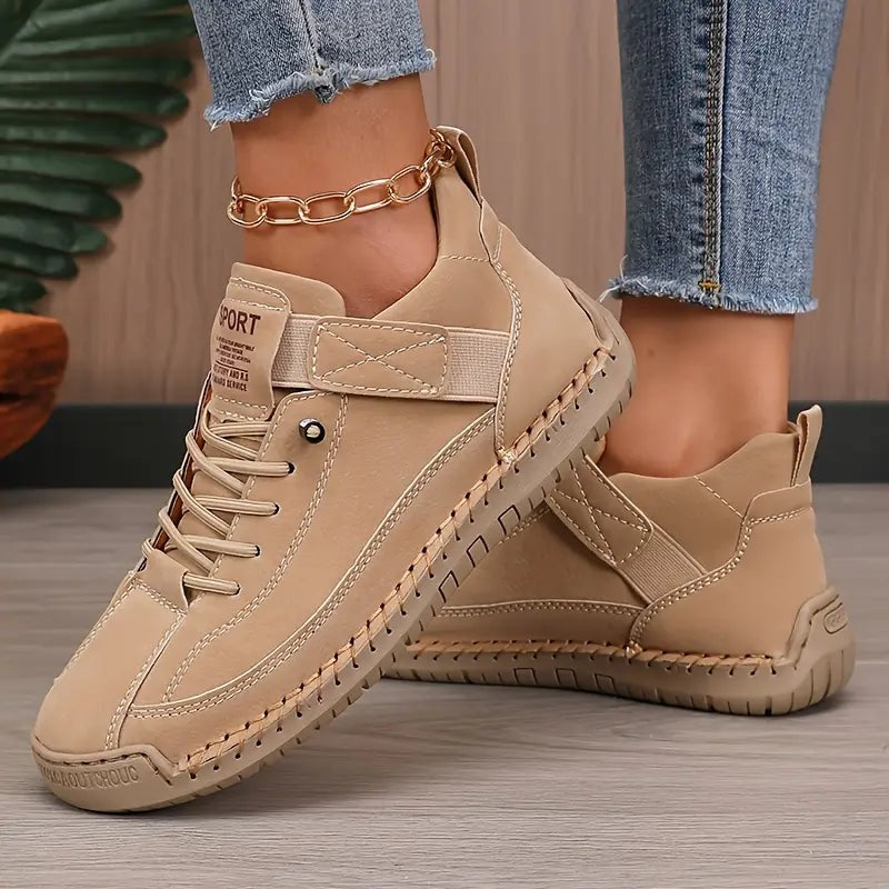 Women's Leather Lace-Up Sneakers with Adjustable Strap for Comfort