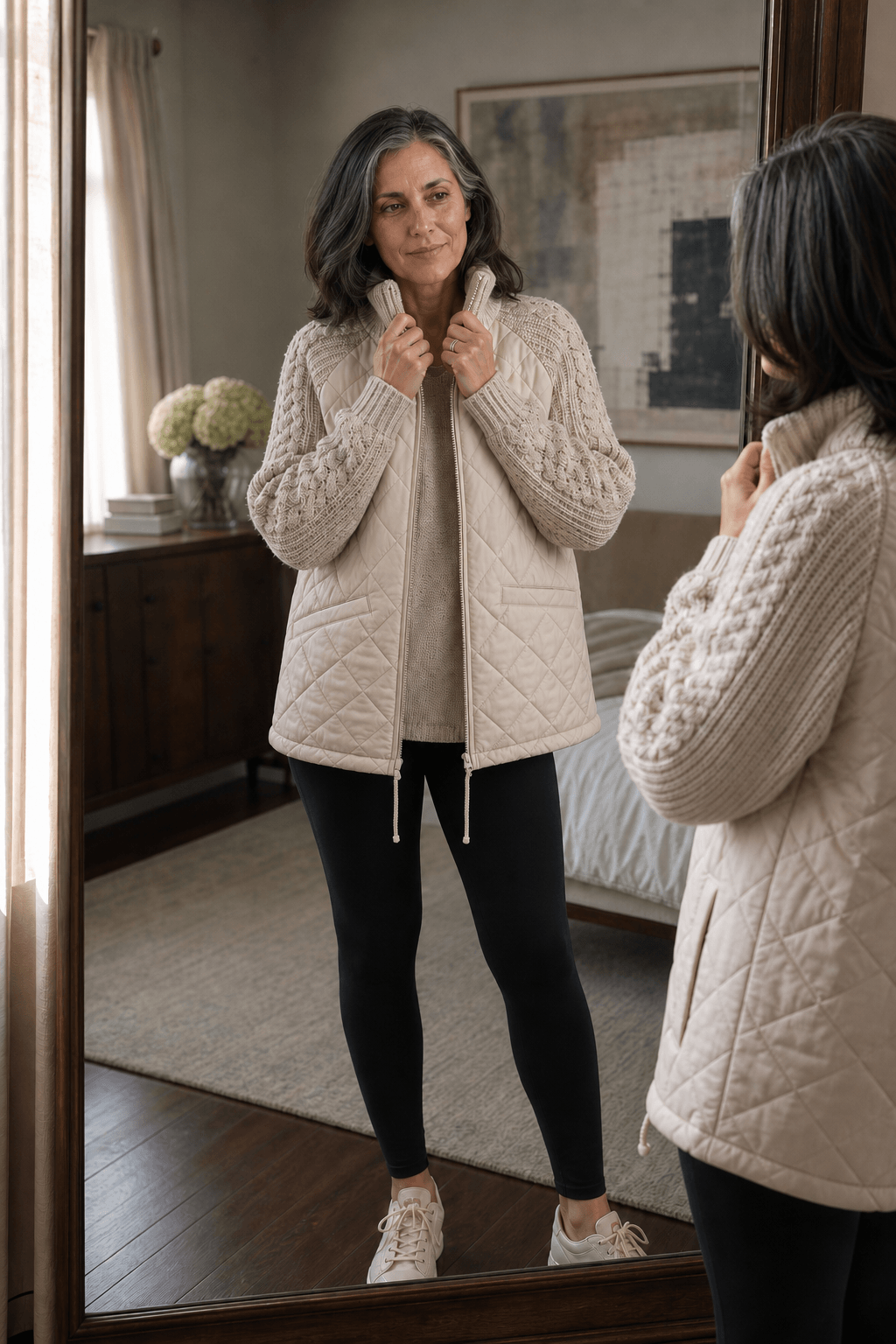 Women's Knit-Panel Quilted Puffer Jacket with Ribbed Cuffs