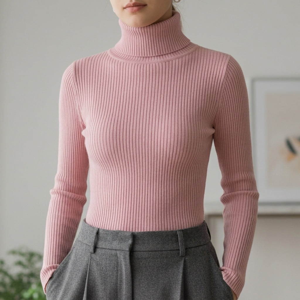Women's Ribbed Knit Turtleneck Sweater with Long Sleeves and Slim Fit