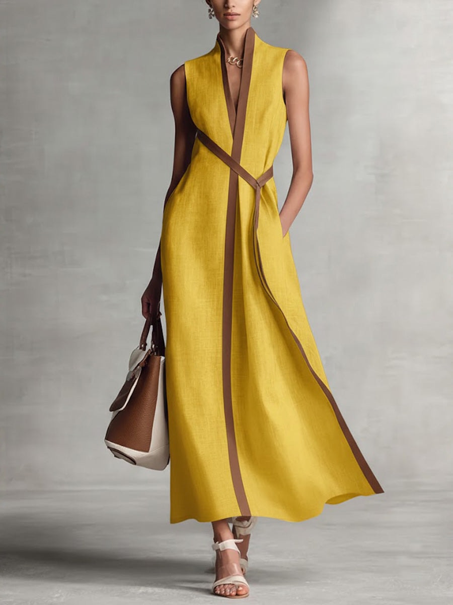 Isabella Sleeveless Wrap-Front Maxi Dress with Contrast Trim