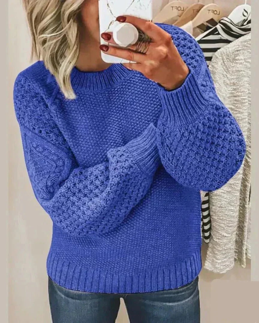 Hazel Textured Crewneck Knitted Sweater for Women with Puff Sleeves