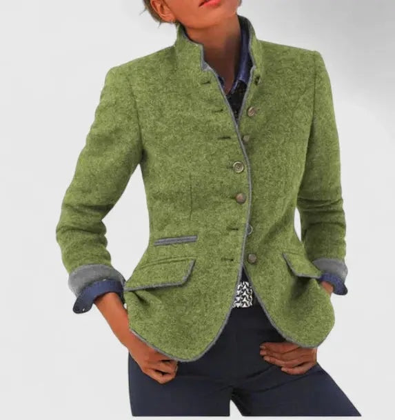 Women's Stand Collar Wool Tailored Blazer with Contrast Trim