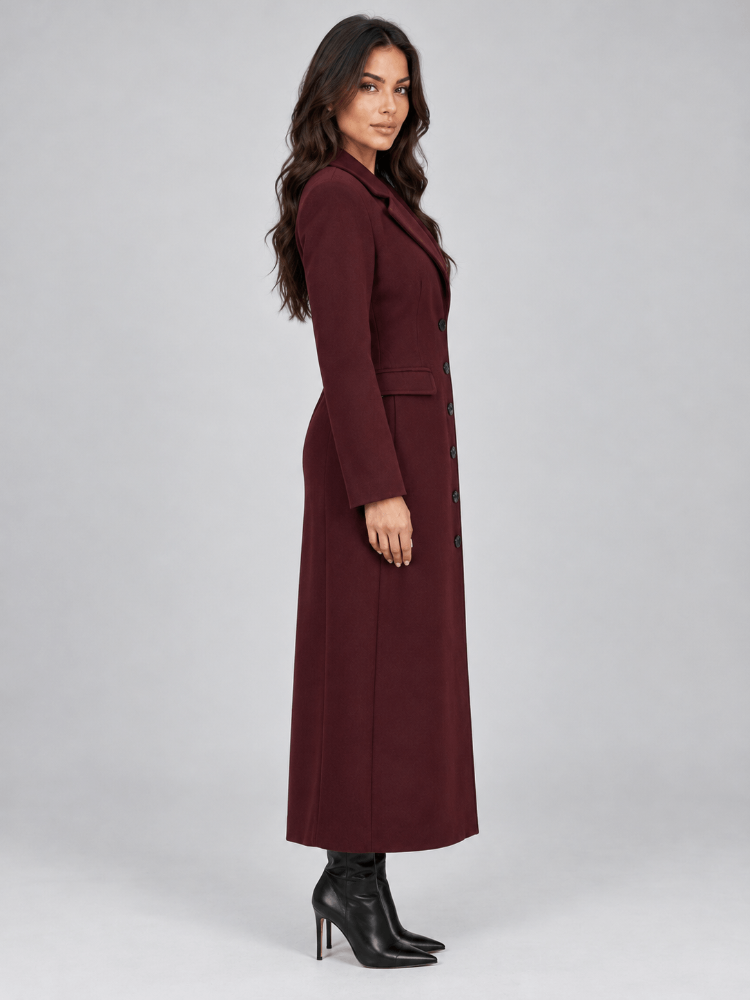 Women's Long Belted Winter Coat with Notched Lapel and Flap Pockets