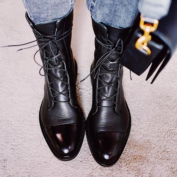 Lace-Up Cap Toe Fall Boots with Ankle-High Faux Leather Shaft