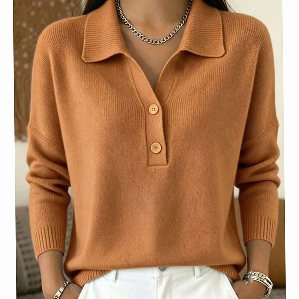 Women's Long Sleeve Collared V-Neck Knit Sweater with Two-Button Placket