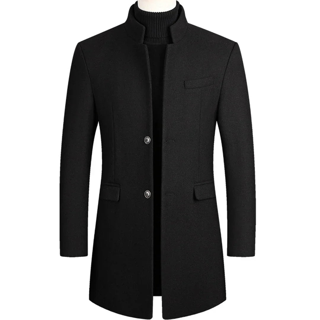 Men's Slim Longline Stand-Collar Overcoat with Flap Pockets for Winter